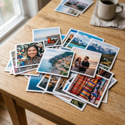 High quality square photo prints displayed on a natural wood surface