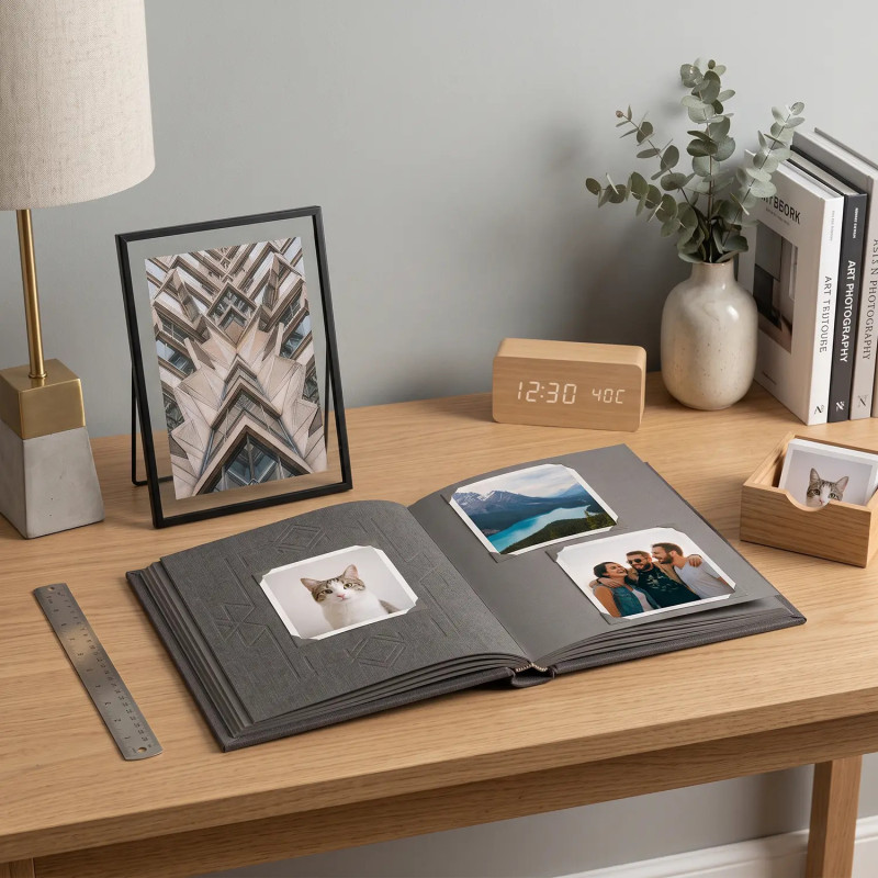 Open photo album and minimalist black photo frame with photo prints on a wooden desk