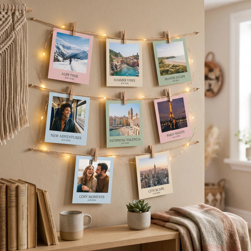 Decorative display of retro photos hanging with wooden pegs and warm fairy lights