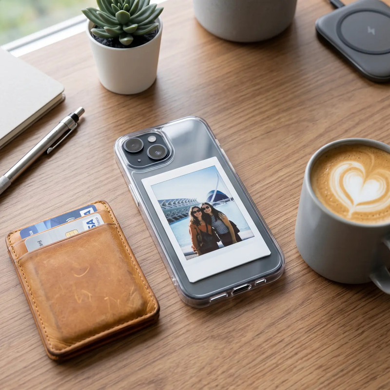 Instax Mini photo print inside a clear smartphone case and displayed next to a wallet