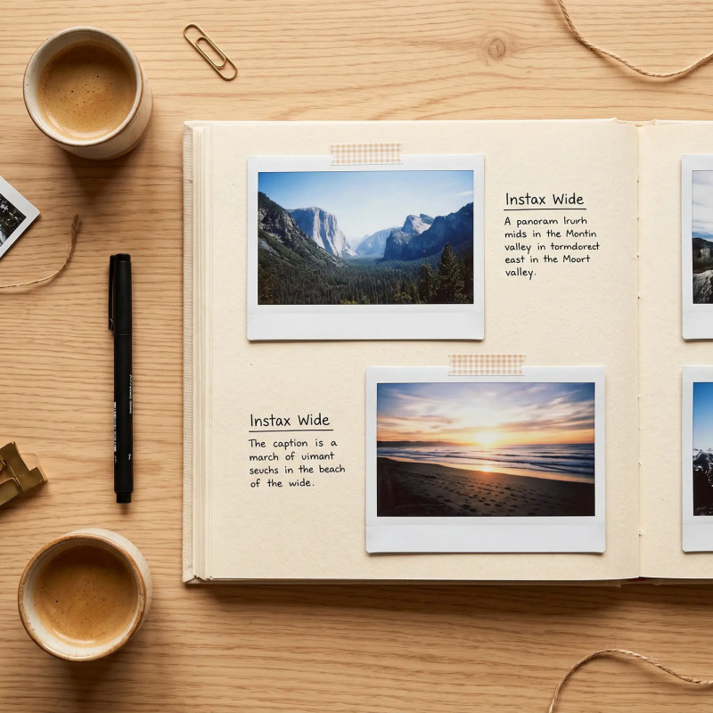 Open memory scrapbook album showing horizontal Instax Wide panoramic photo prints